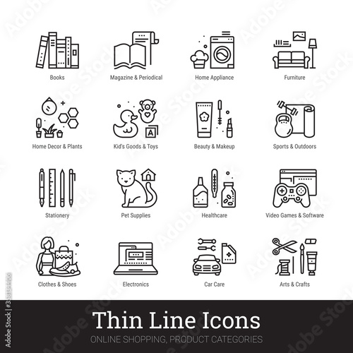 Retail store product categories, e-commerce departments, shopping thin line icons for web, mobile app. Editable stroke. Shop vector set include icons: furniture, appliance, electronics, clothes etc.