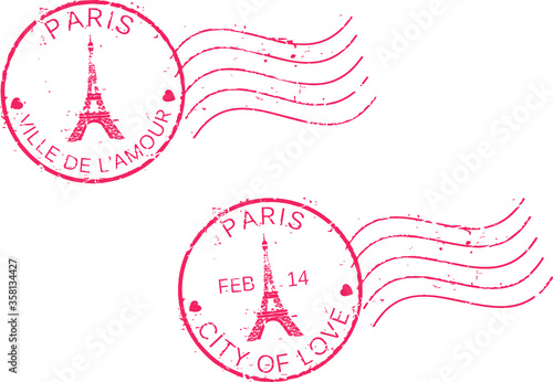 Postal grunge stamps 'Paris-city of love'.St. Valentine's day concept. French and english inscription.