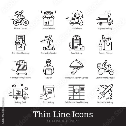 Delivery service, retail, online shopping, ecommerce thin line icons for web, mobile app. Editable stroke. Vector set include icons: contactless delivery, courier, grocery pickup, food ordering etc.