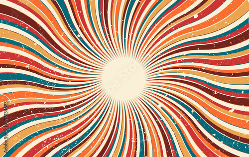 Abstract retro dirty grunge vintage starburst. Vintage sunburst wallpaper. Swirl light rays. Old paper. Texture stripes red yellow orange brown and blue. Cardboard Pattern background