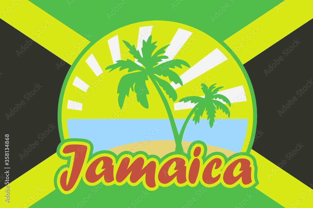 Jamaican flag with emblem of tropical beach. 'Jamaica' inscription in reggae colors