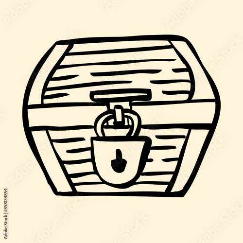 Wooden chest antique isolated icon. Vector illustration doodle hand-drawn design. Cartoon pirate chest