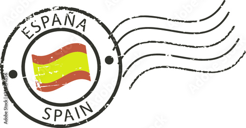 Postal grunge stamp 'Spain'. Spanish flag in the middle.