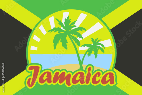 Jamaican flag with emblem of tropical beach. 'Jamaica' inscription in reggae colors