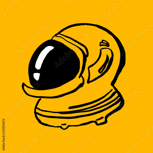Astronaut helmet doodle cartoon hand-drawn icon. Vector illustration isolated on a yellow background. Place for the text. Print, poster, t-shirt, card.