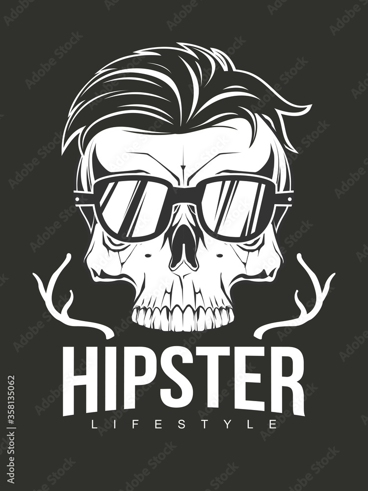 Hipster skull with glasses and fashion hair. Illustration for t-shirt print. Vector fashion illustration 