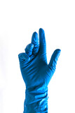 Blue glove for cleaning show thumbs up. Isolated on a white background.