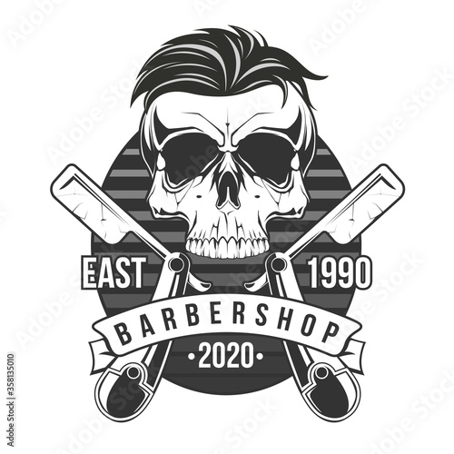 Barber Skull with crossed razors. iIllustration for t-shirt print. Vector fashion illustration 