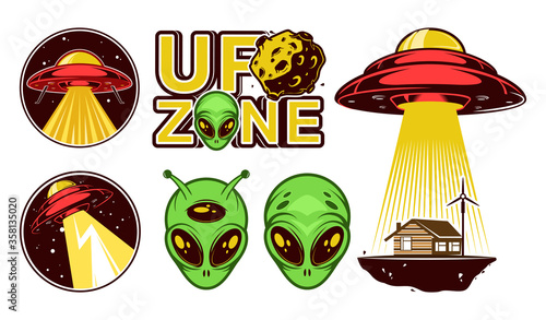 Big Aliens logo set. Ufo Day. Colorful badges with spaceships. Vector design

