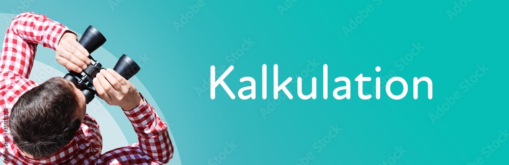 Fototapeta premium Kalkulation. Mann mit Fernglas aus Vogelperspektive. Beobachtung, Draufsicht, Panorama. Business Text auf blau. Statistik, Wirtschaft