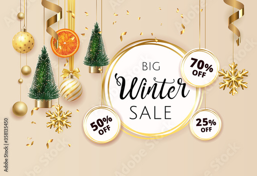 Golden Christmas holiday winter sale price off tag poster beige. Festive xmas decoration gold christmas balls , fir tree, orange, light garland. Vector illustration banner design template EPS.