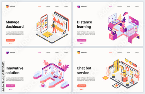 Isometric innovative management technology vector illustration. Creative concept banner set, interface webpage design with cartoon 3d modern success business innovation for effective manager work
