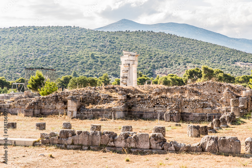 Ruins of the sanctuary of Asclepius at the ancient Epidaurys archeological site, Argolis, Greece