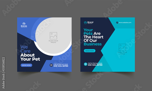 Pet care social media post or web banner template. Pet care service promotional banner. Pet shop bundle stories