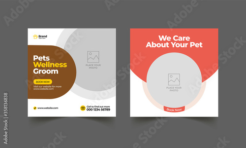 Pet care social media post or web banner template. Pet care service promotional banner. Pet shop bundle stories