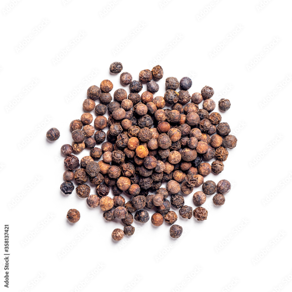 Black peppercorns isolated on white background. Pile hot peppers, top view. Spices for cooking food. Black peppercorns isolated on white background. Pile hot peppers, top view. Spices for cooking food.
