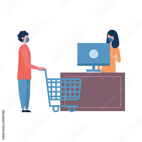 boy with mask shopping cart and saleswoman with computer vector design