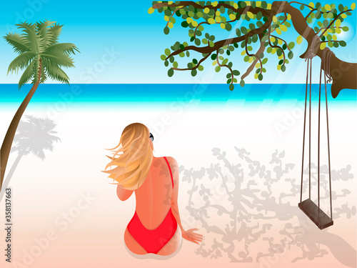 beautiful blond girl resting on a tropical beach and looking into the horizon