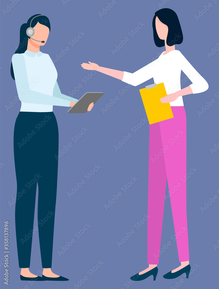 Business management vector, female boss with helper wearing headphones. Businesslady with document in hands showing on tasks. Meeting of people flat style