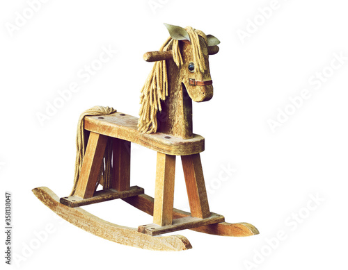 Old wooden rocking horse, isolated on white.