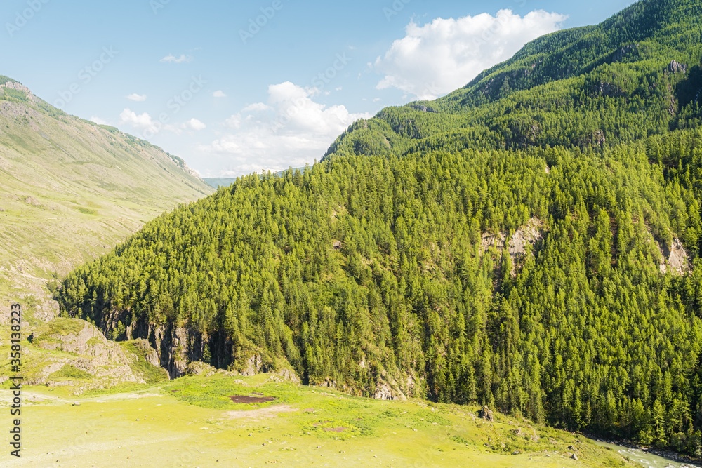 View of the valley and canyon of the Chuya River in Altai.  Place called the Mazoj cascade