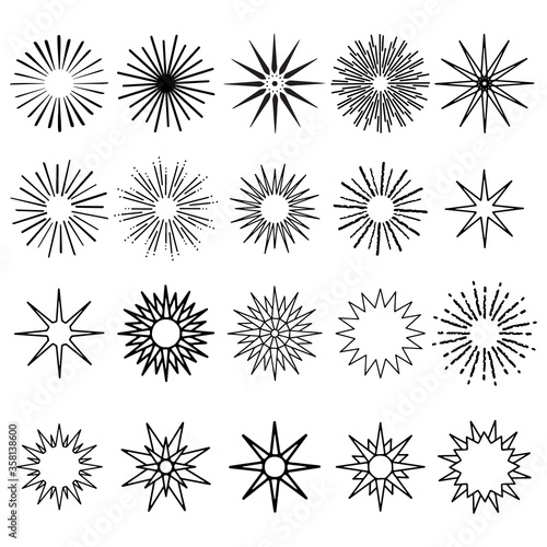 Star, sun set. Black hand drawn isolated on white background