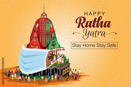 Rath Yatra festival (locally called Ratha Yatra) is based around the worship of Lord Jagannath, corona virus, covid-19 concept. vector illustration

