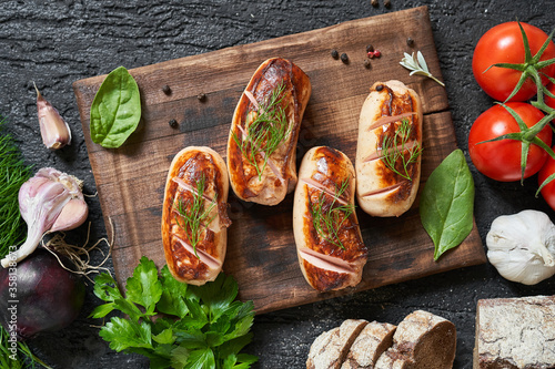Obraz na płótnie grilled sausages with tomatoes and herbs on the board on a wooden table w salonie