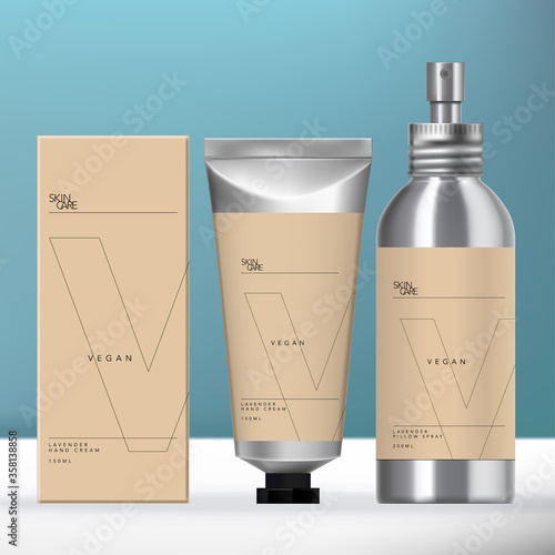 Vector Aluminum Beauty Packaging Set with Screw Cap Aerosol Spray Bottle, Metallic Silver Tube & Carton Box Design.