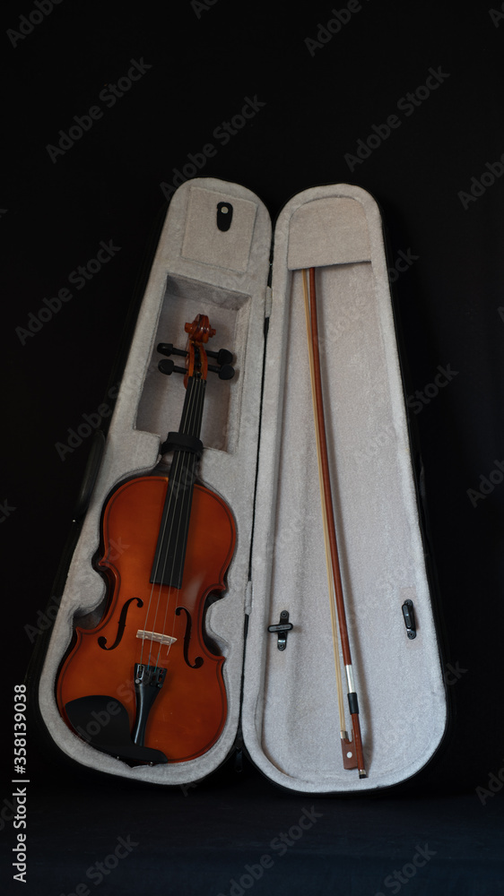 Naklejka premium Violin and its bow in its case, on black background