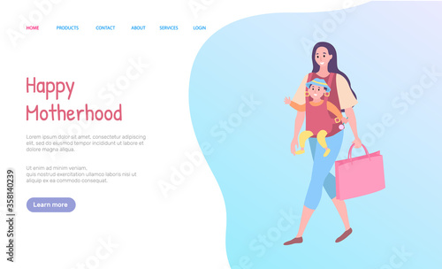 Smiling parent holding bag and baby sitting in special case, portrait view of walking mother with child, going together, happy motherhood vector. Website or webpage template, landing page flat style