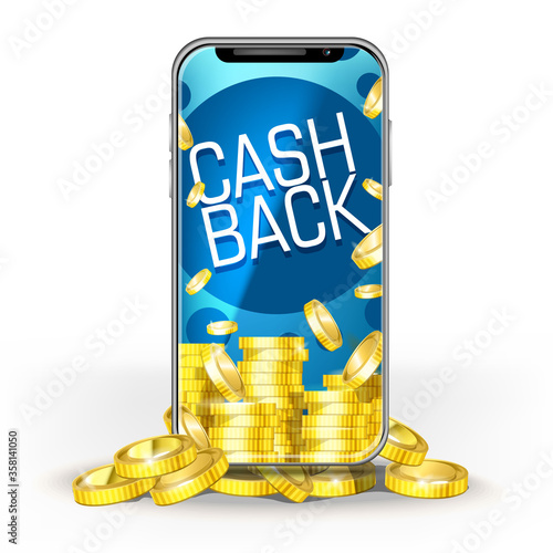 Wallpaper Mural Blue screen mobile phone with a set of gold coins ang cash back. Template for design layout bank, game, mobile network or technology, bonuses for jackpot Torontodigital.ca