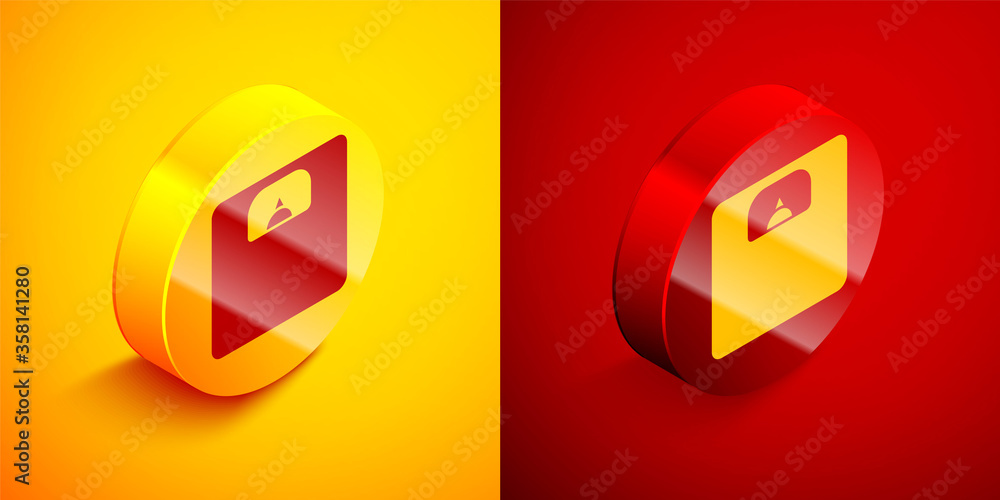 Isometric Bathroom scales icon isolated on orange and red background. Weight measure Equipment. Weight Scale fitness sport concept. Circle button. Vector Illustration Isometric Bathroom scales icon isolated on orange and red background. Weight measure Equipment. Weight Scale fitness sport concept. Circle button. Vector Illustration