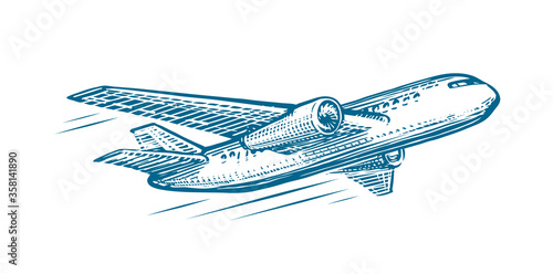 Flying airplane sketch. Air transportation, airline, retro plane vector illustration
