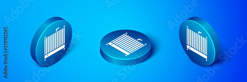 Isometric Car radiator cooling system icon isolated on blue background. Blue circle button. Vector Illustration
