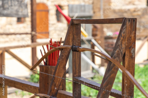Retro vintage bow on wooden stand outdoors