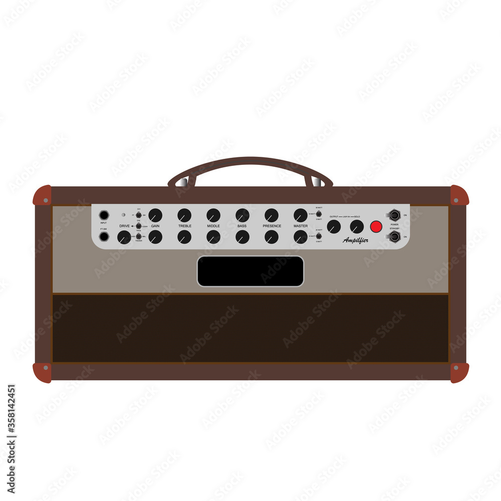 Obraz premium Isolated brown electric guitar amplifier, cabinet equipment for musician flat logo or icon style, print for tee-shirt and graphic design, Musical instrument sales business. vector and illustration.
