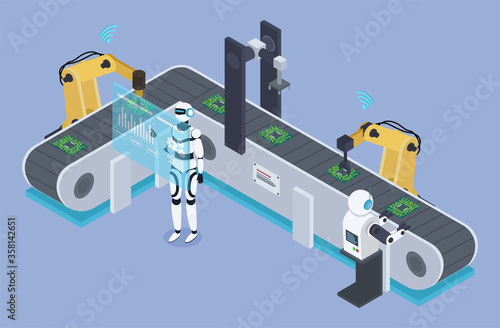Robots working on automated production. Smart robotic mechanisms controlling products on conveyor. Factory produce microchips with operators on line. Vector illustration of manufacturing in flat style