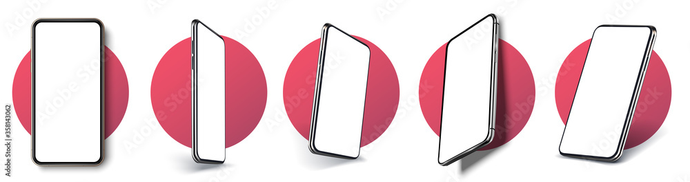 Naklejka Realistic layout of the smartphone in different positions. Mobile phone frame with blank display isolated templates, phone of different types and different angles. 3D/UX template vector illustration