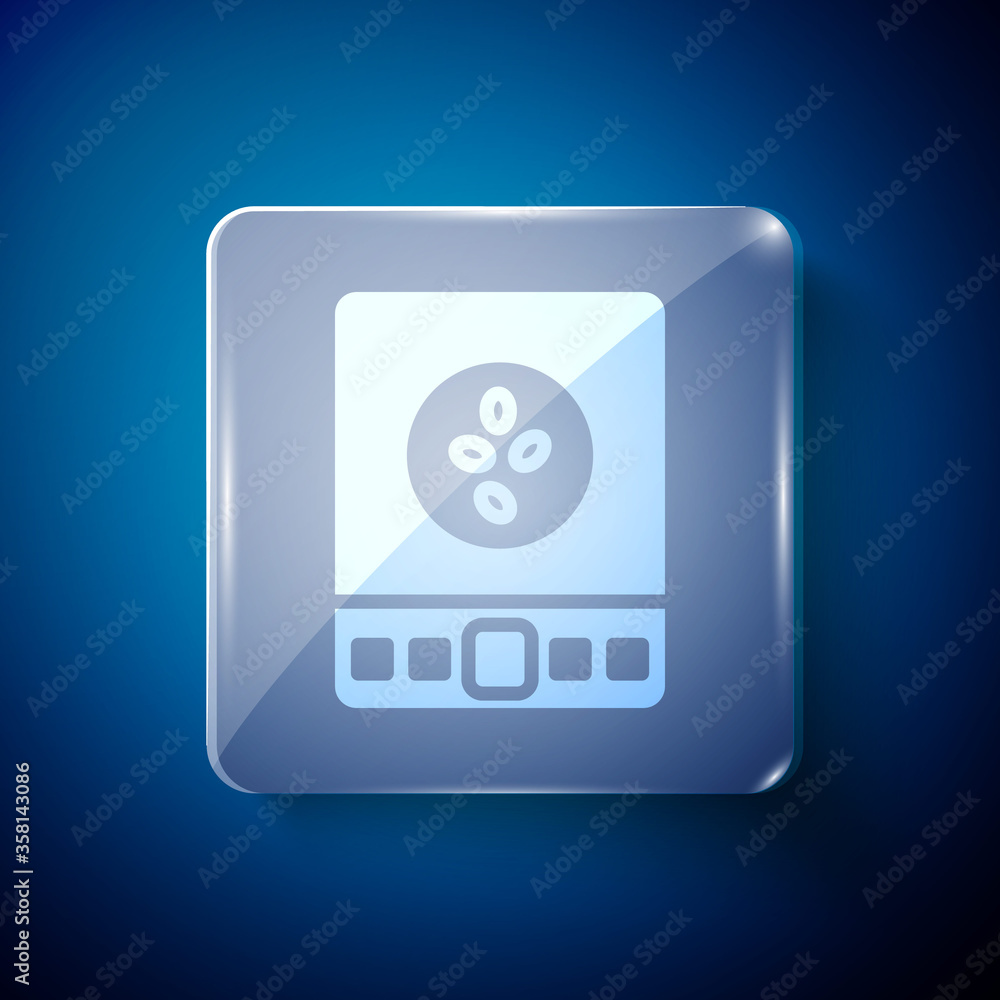 White Electronic coffee scales icon isolated on blue background. Weight measure equipment. Square glass panels. Vector Illustration White Electronic coffee scales icon isolated on blue background. Weight measure equipment. Square glass panels. Vector Illustration