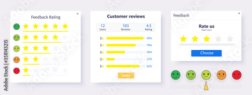 Set rating star. Concept of survey, award symbol, blog excellent frame banner ui/ux design. Modern feedback survey template. Colorful emotion smiles from rage to satisfied. Feedback form of the client