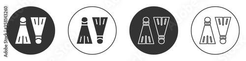 Black Rubber flippers for swimming icon isolated on white background. Diving equipment. Extreme sport. Sport equipment. Circle button. Vector Illustration