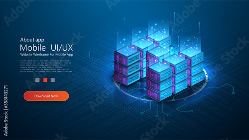 Big data analysis processing big data computing, information flow,digital science lab, data center. Modern Server room isometric vector, futuristic technology of data protection. Web hosting banner