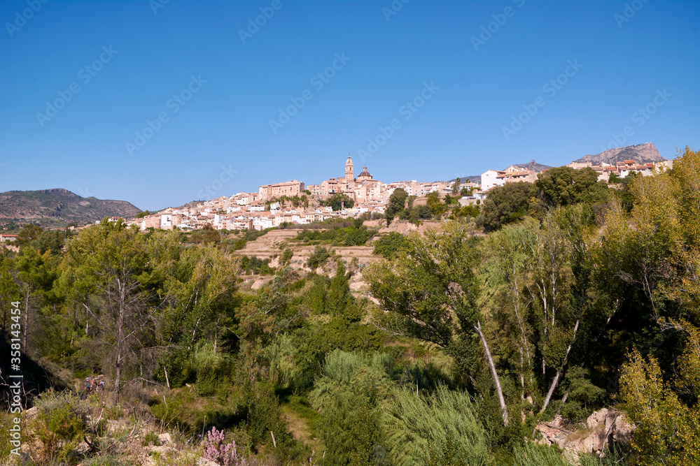 Mountain village among trees with blue sky