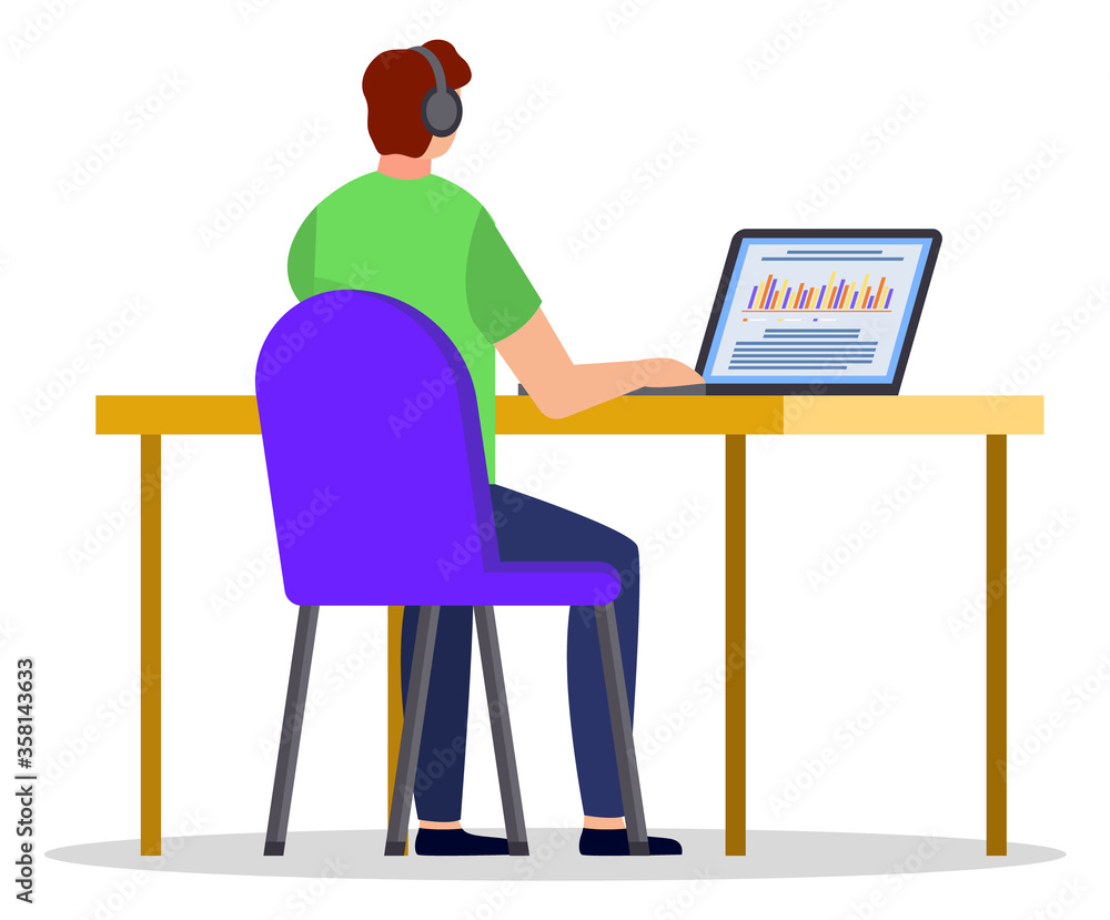 Distant online education, student learning through laptop, isolated character vector. Studying materials, Internet site, graduation and receiving knowledge. Personal development courses illustration