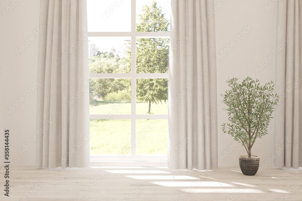 Fototapeta premium White empty room with summer landscape in window. Scandinavian interior design. 3D illustration