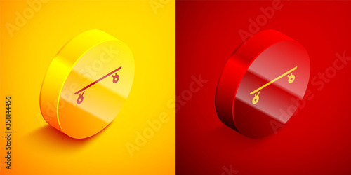 Isometric Longboard or skateboard cruiser icon isolated on orange and red background. Extreme sport. Sport equipment. Circle button. Vector Illustration