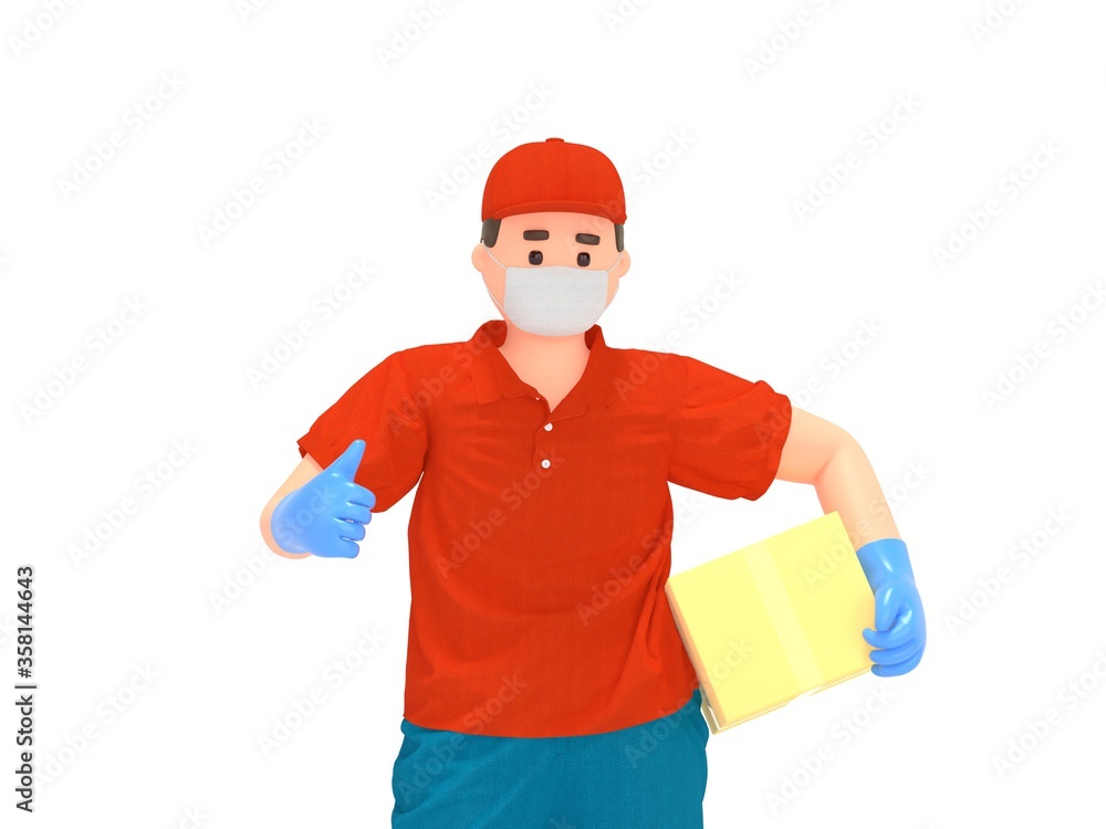 3d cartoon delivery man in mask with parcel box