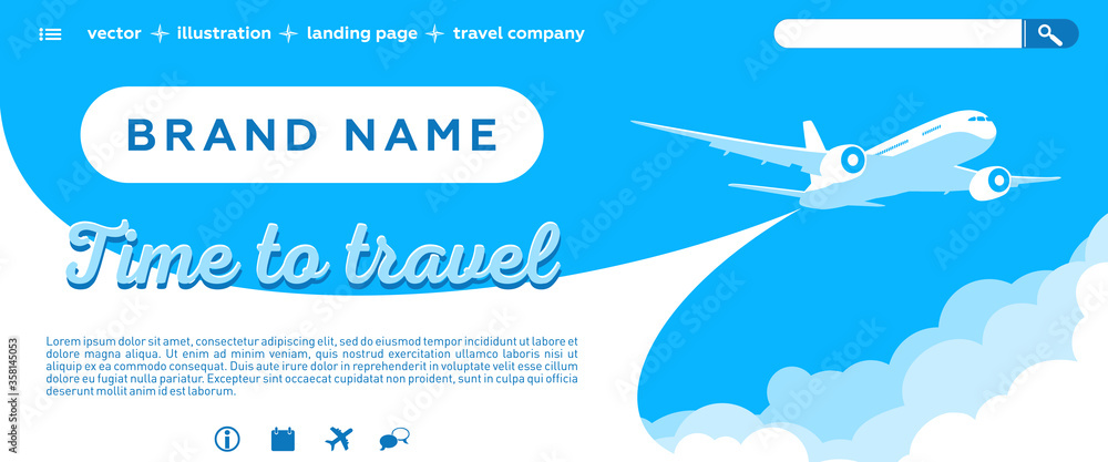 Air ticket sale - Landing page template. Sky scenery background - dark blue sky, clouds, flying planes, website icons. Vector illustration