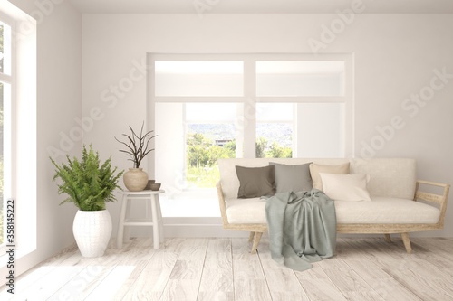 White living room with sofa. Scandinavian interior design. 3D illustration